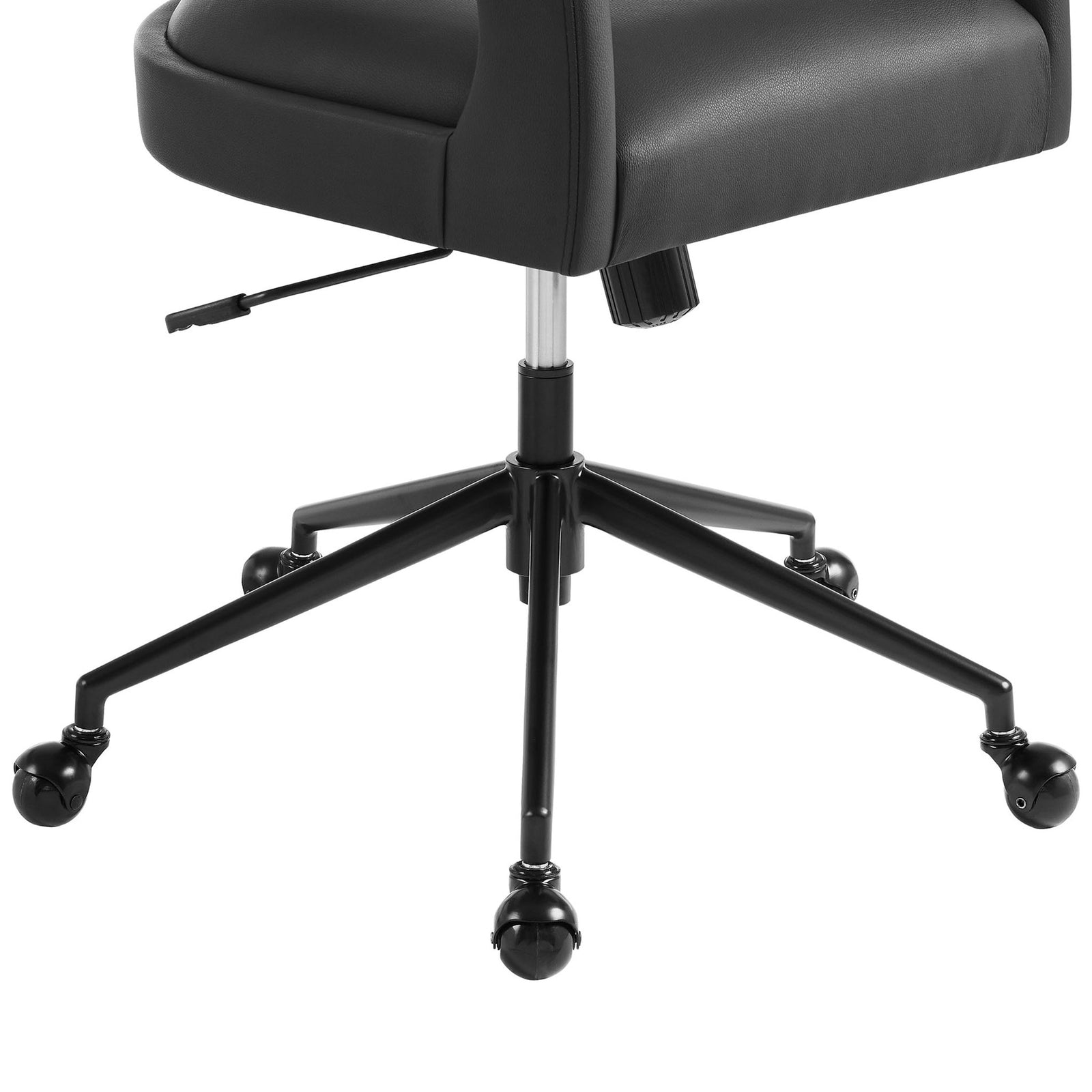Black powder-coated metal base with five spokes and smooth-rolling rollerball casters. || EEI-7150-BLK || leg_studio