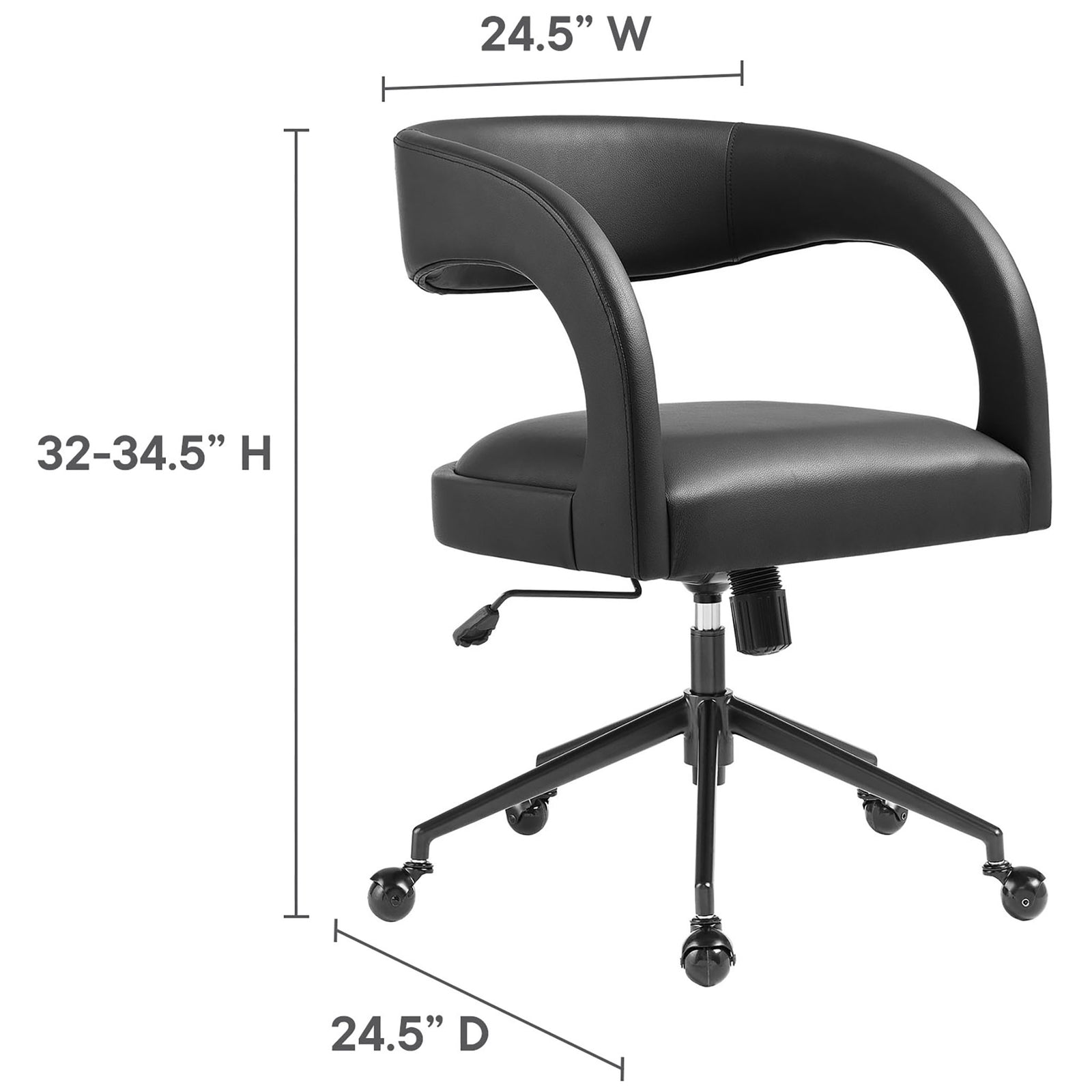 Dimension diagram of Pinnacle vegan leather office chair showing overall width, depth, and height. || EEI-7150-BLK || dimension_studio
