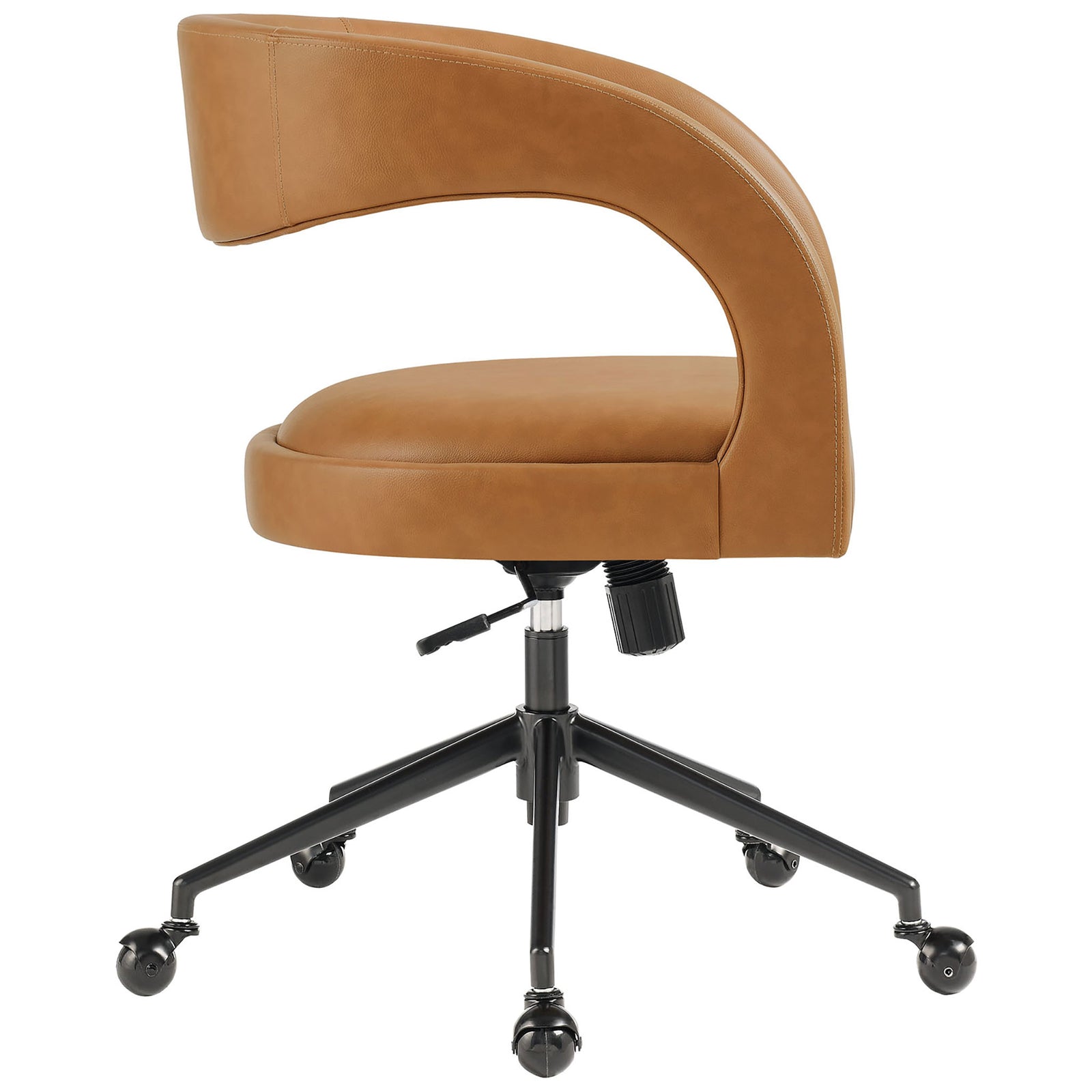 Tan vegan leather desk chair with wrapped barrel arms and plush seat cushion for all-day comfort || EEI-7150-TAN || side_studio