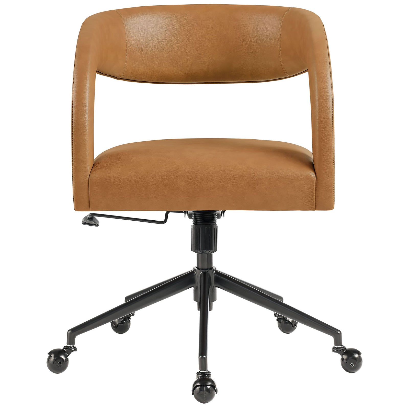 Tan vegan leather barrel office chair with open back and black base on rollerball casters || EEI-7150-TAN || front_studio