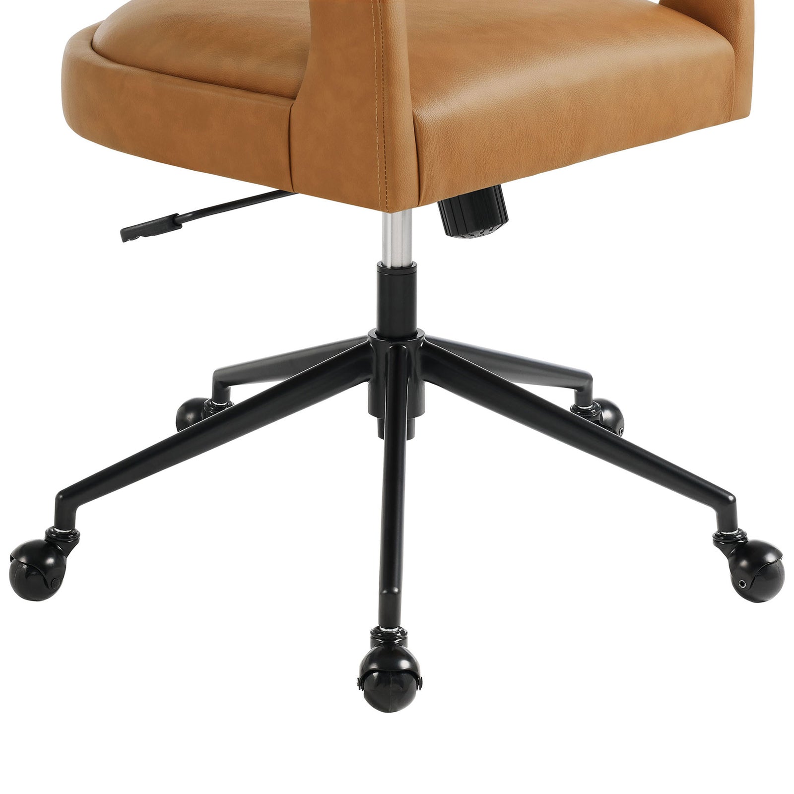 Black five-star base with rollerball casters for smooth movement on the Pinnacle tan office chair || EEI-7150-TAN || leg_studio
