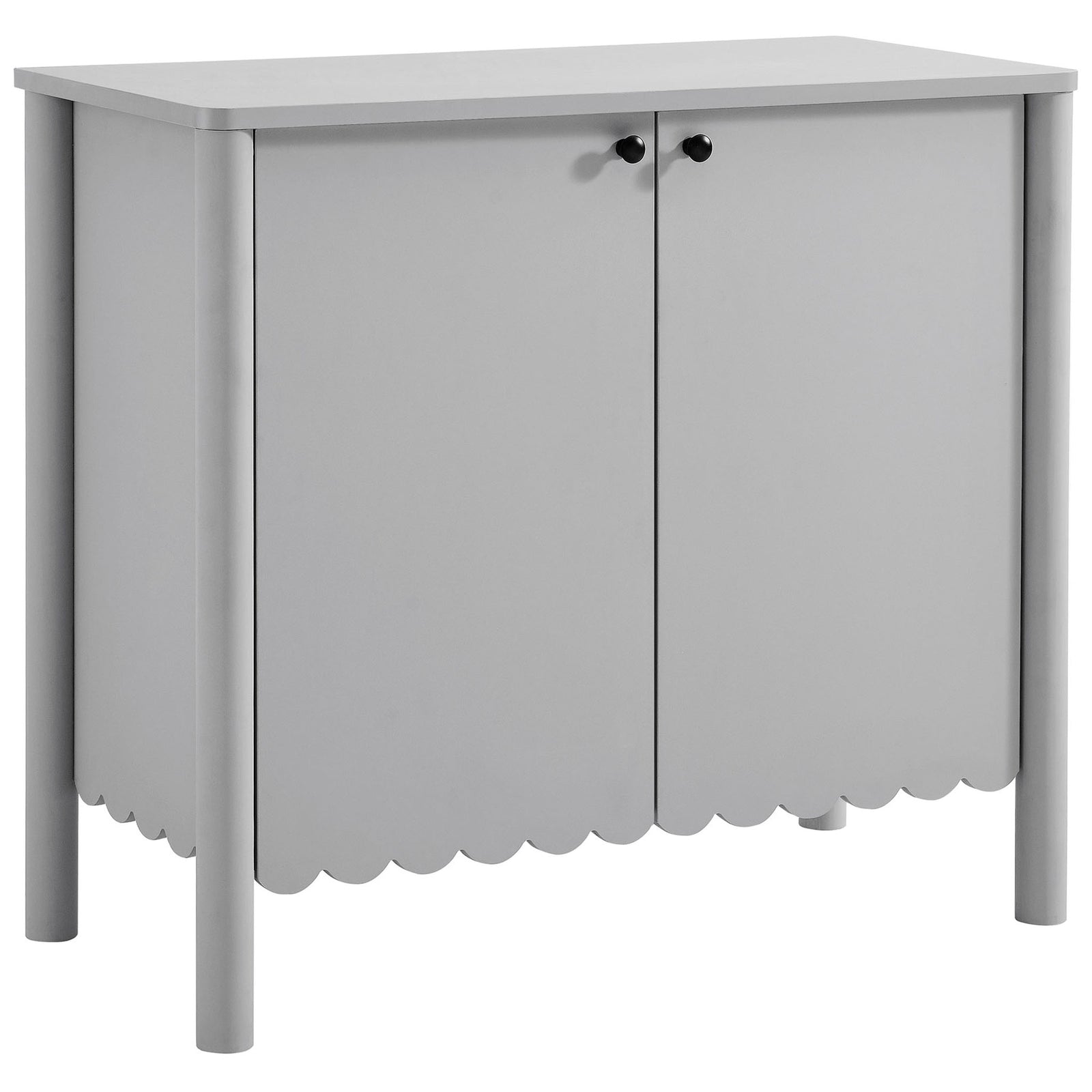 Light gray scalloped cabinet with double doors, slim round legs, and black knobs for modern storage || EEI-7152-LGR || front_angle_studio