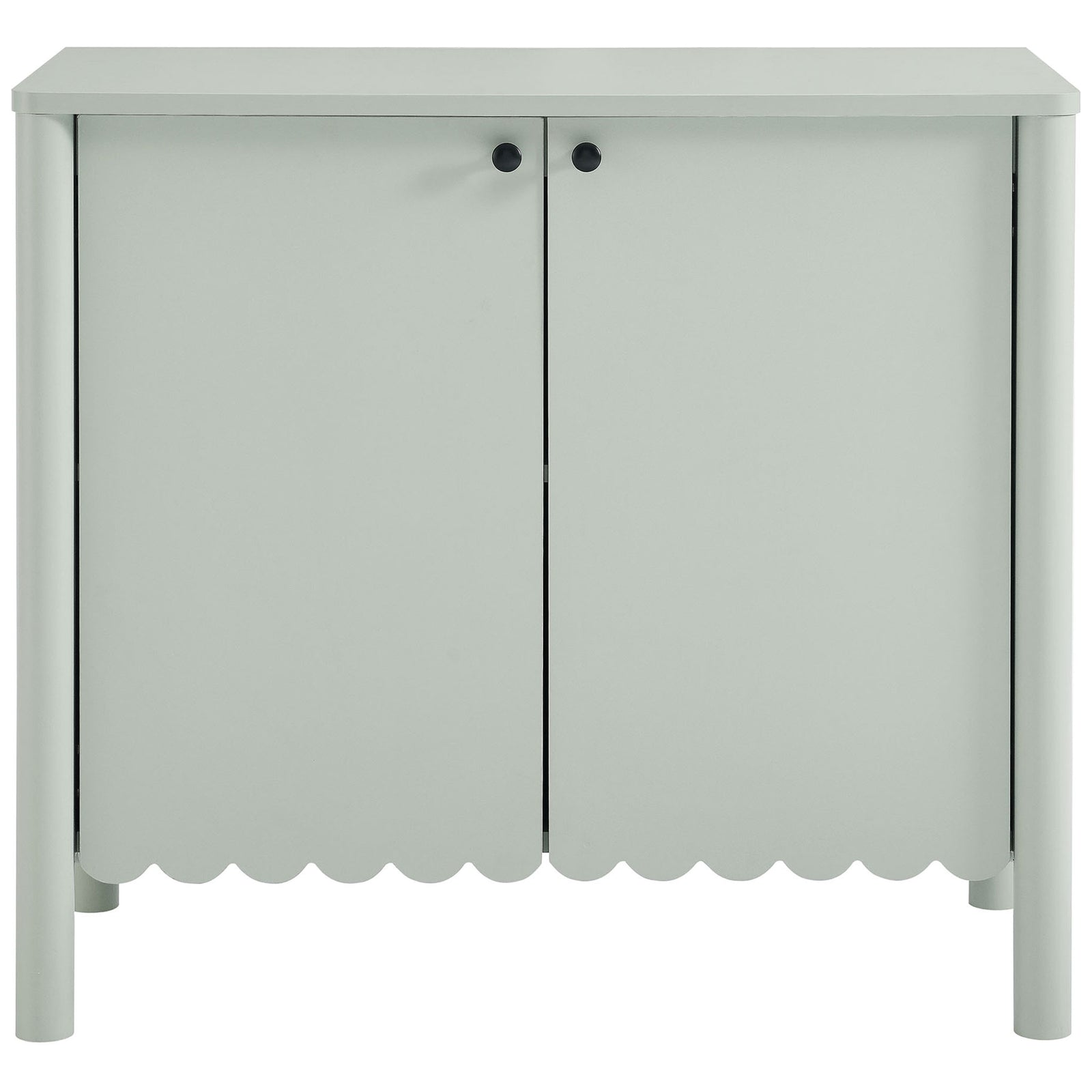 Sage green scalloped sideboard with two smooth-front doors and contrasting round black knobs || EEI-7152-SGE || front_studio
