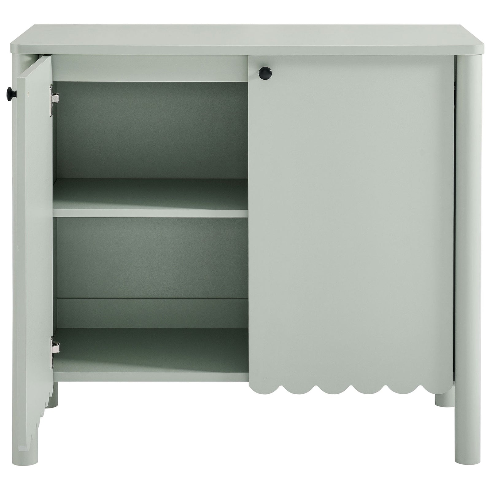 Sage green cabinet with one door open, revealing adjustable interior shelving for concealed storage || EEI-7152-SGE || front_open_studio