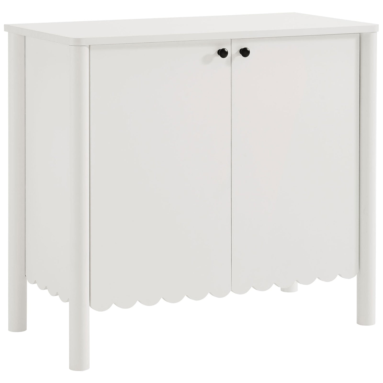 White Emmeline 2-door sideboard cabinet with scalloped base and sleek rounded legs || EEI-7152-WHI || front_angle_studio