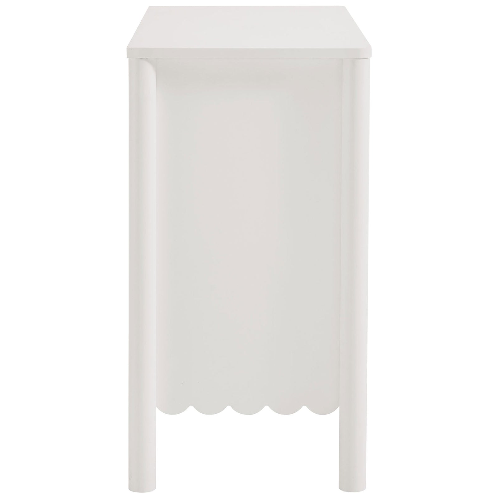 White Emmeline sideboard showing smooth rounded side panels and scalloped bottom edge || EEI-7152-WHI || side_studio
