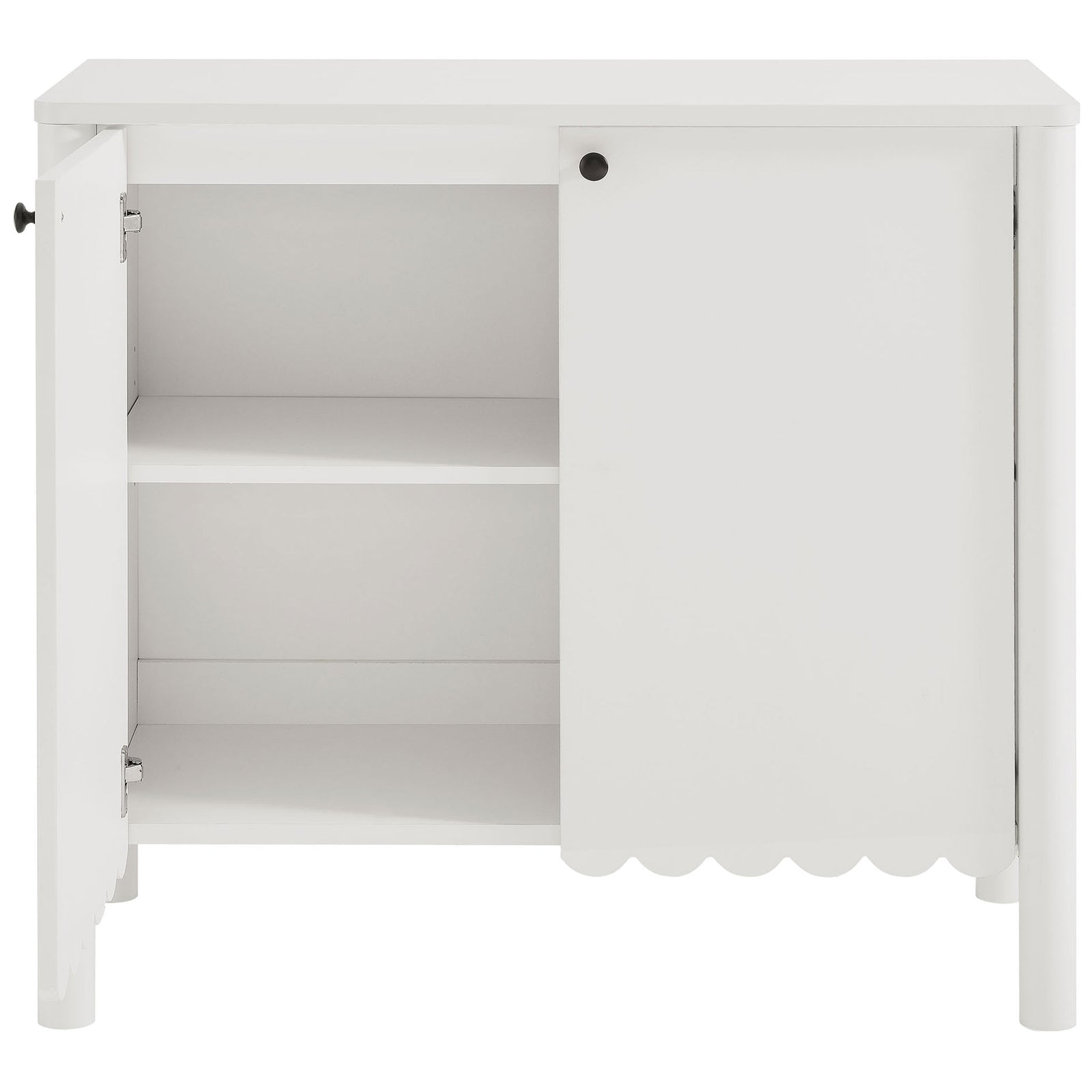 White Emmeline sideboard cabinet with one door open to reveal adjustable interior shelving || EEI-7152-WHI || front_open_studio