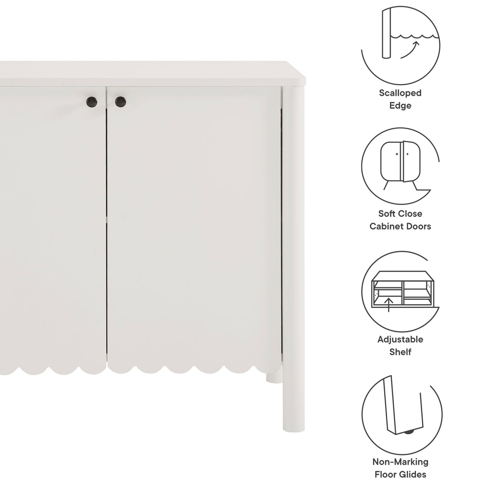 Key features of the Emmeline sideboard including scalloped edge, soft-close doors, and floor glides || EEI-7152-WHI || callout_studio