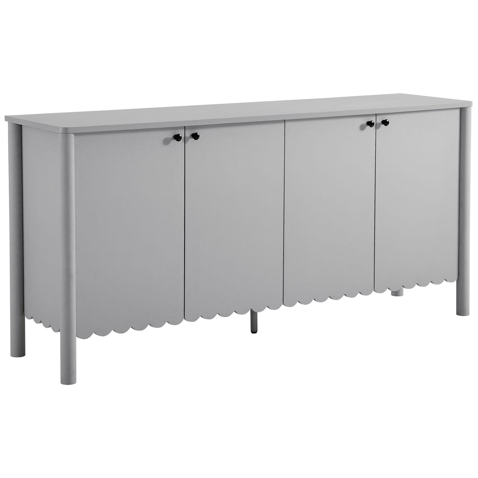Light gray scalloped sideboard cabinet lends airy style with four smooth front doors and slim round legs || EEI-7153-LGR || front_angle_studio