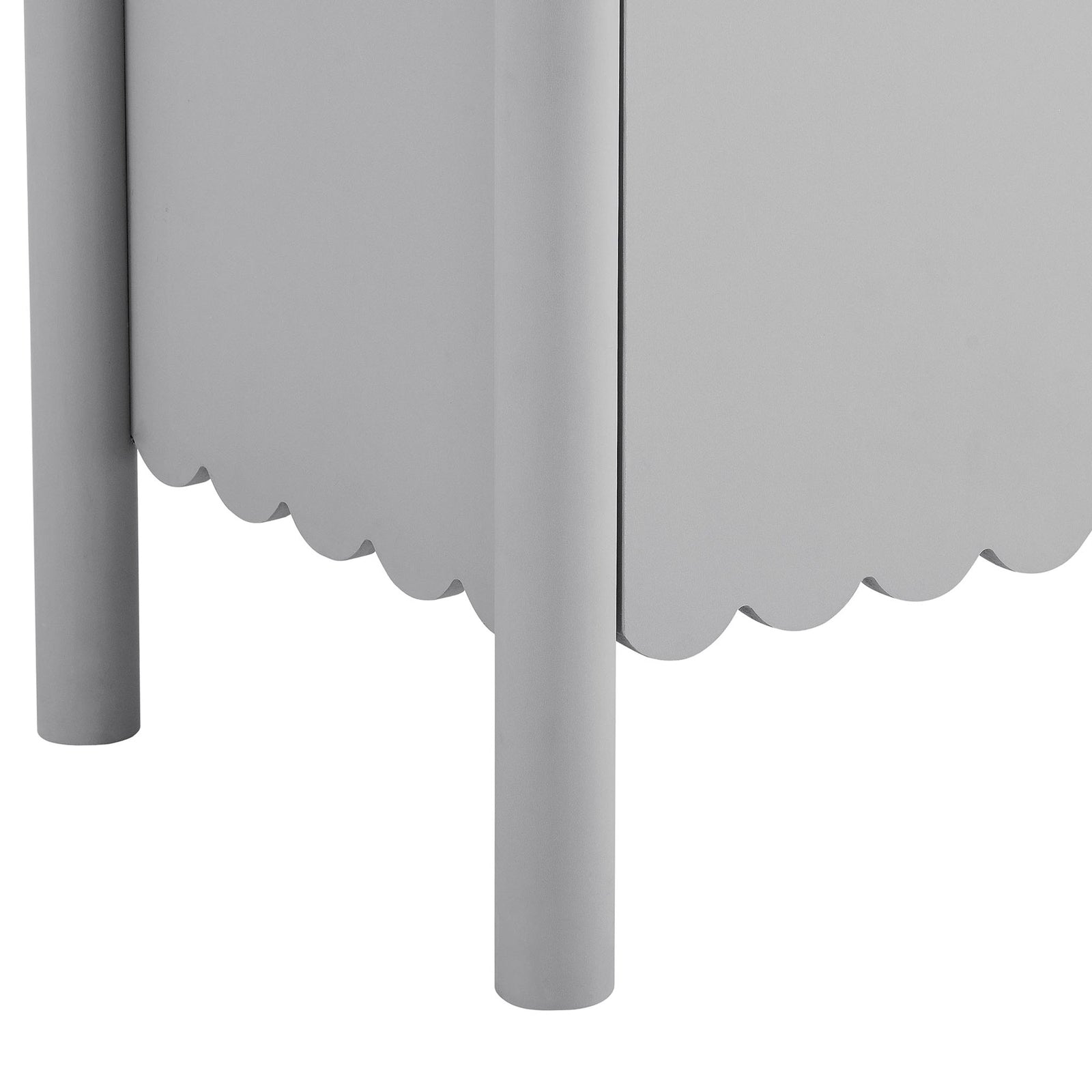 Scalloped base and rounded leg of the Emmeline sideboard highlighted to showcase its smooth matte gray finish || EEI-7153-LGR || leg_studio