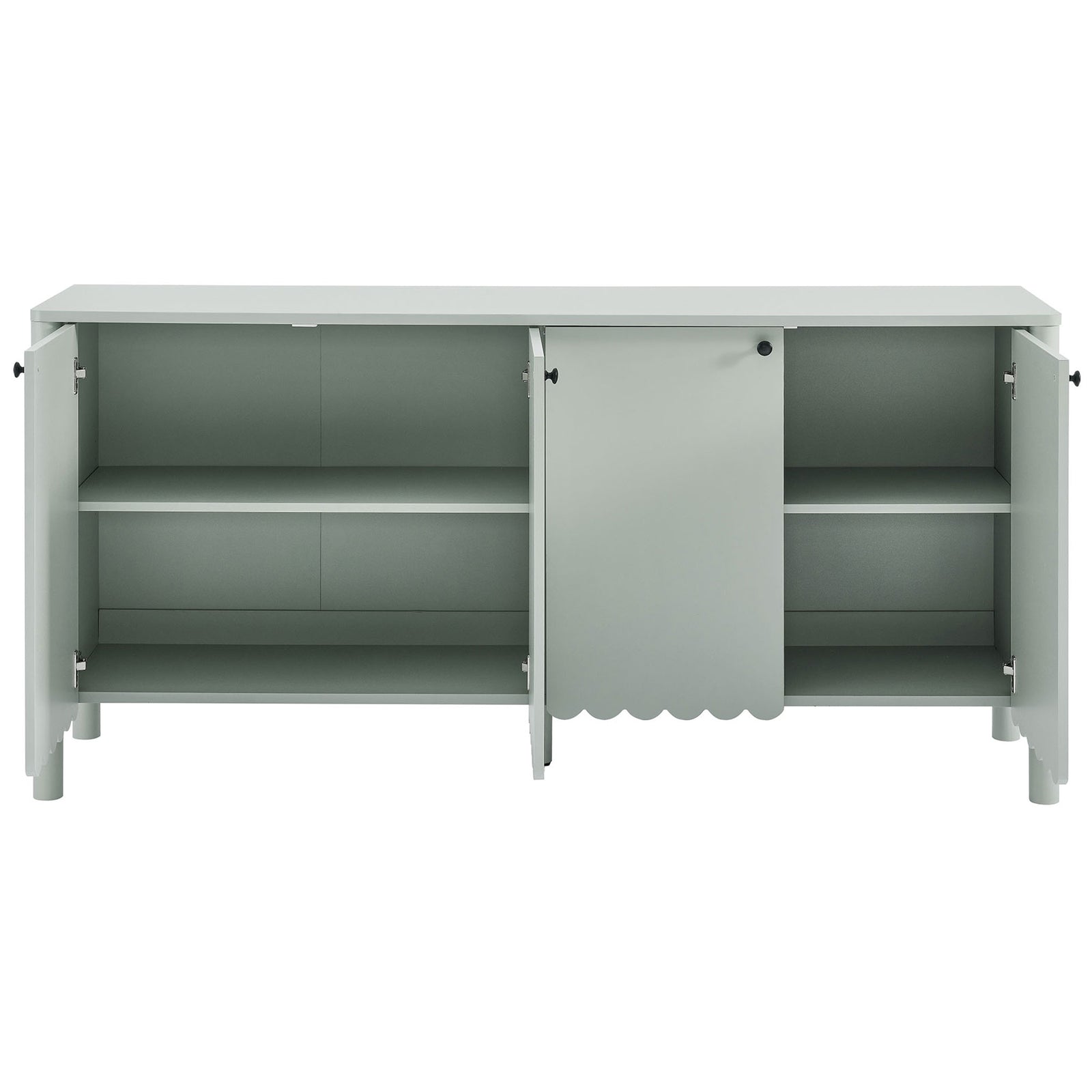 Interior shelves revealed behind four doors for generous hidden storage || EEI-7153-SGE || front_open_studio