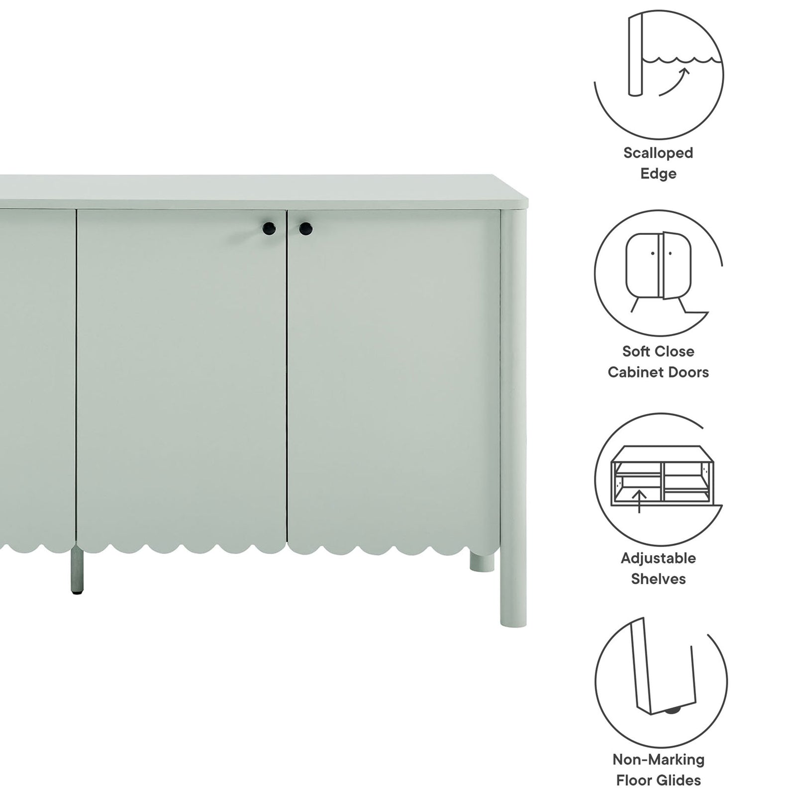Feature callouts for Emmeline sideboard highlighting scalloped edge and storage || EEI-7153-SGE || callout_studio