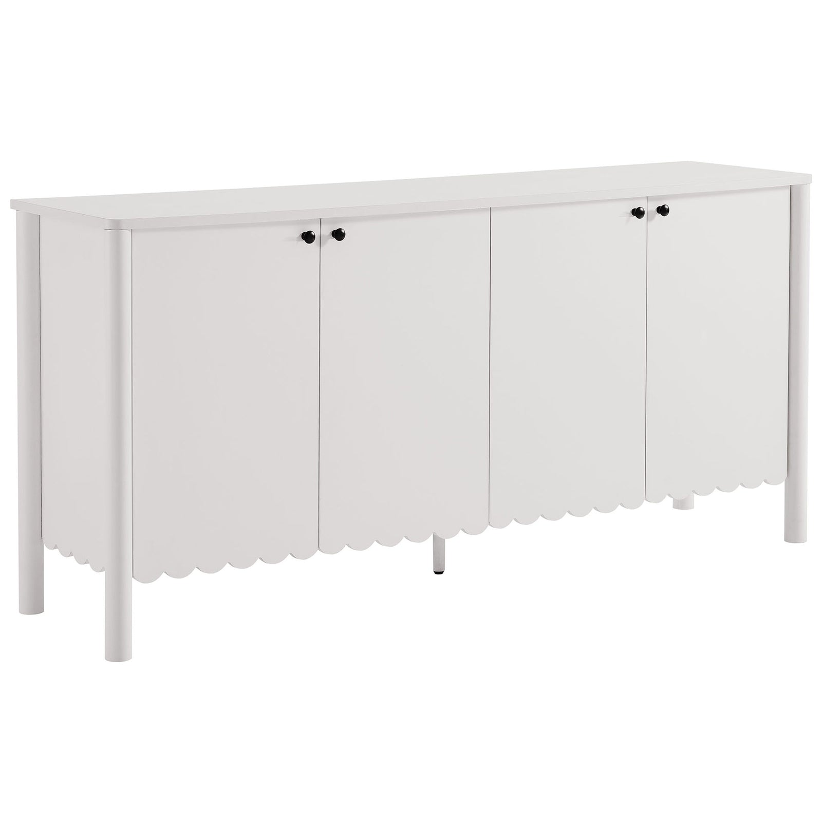 White 4-door sideboard with scalloped apron and slim round legs for airy, modern farmhouse storage || EEI-7153-WHI || front_angle_studio