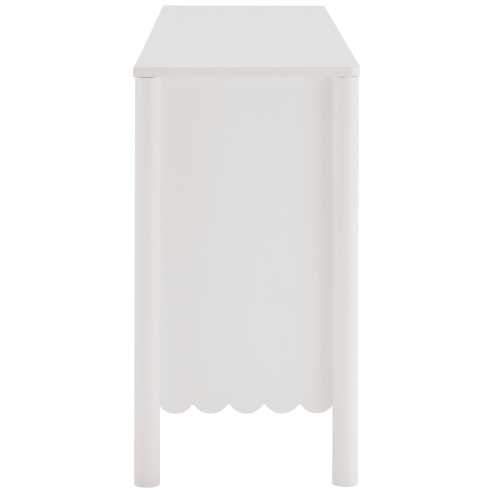 Slim white sideboard profile showcasing scalloped side panel and rounded leg silhouette || EEI-7153-WHI || side_studio