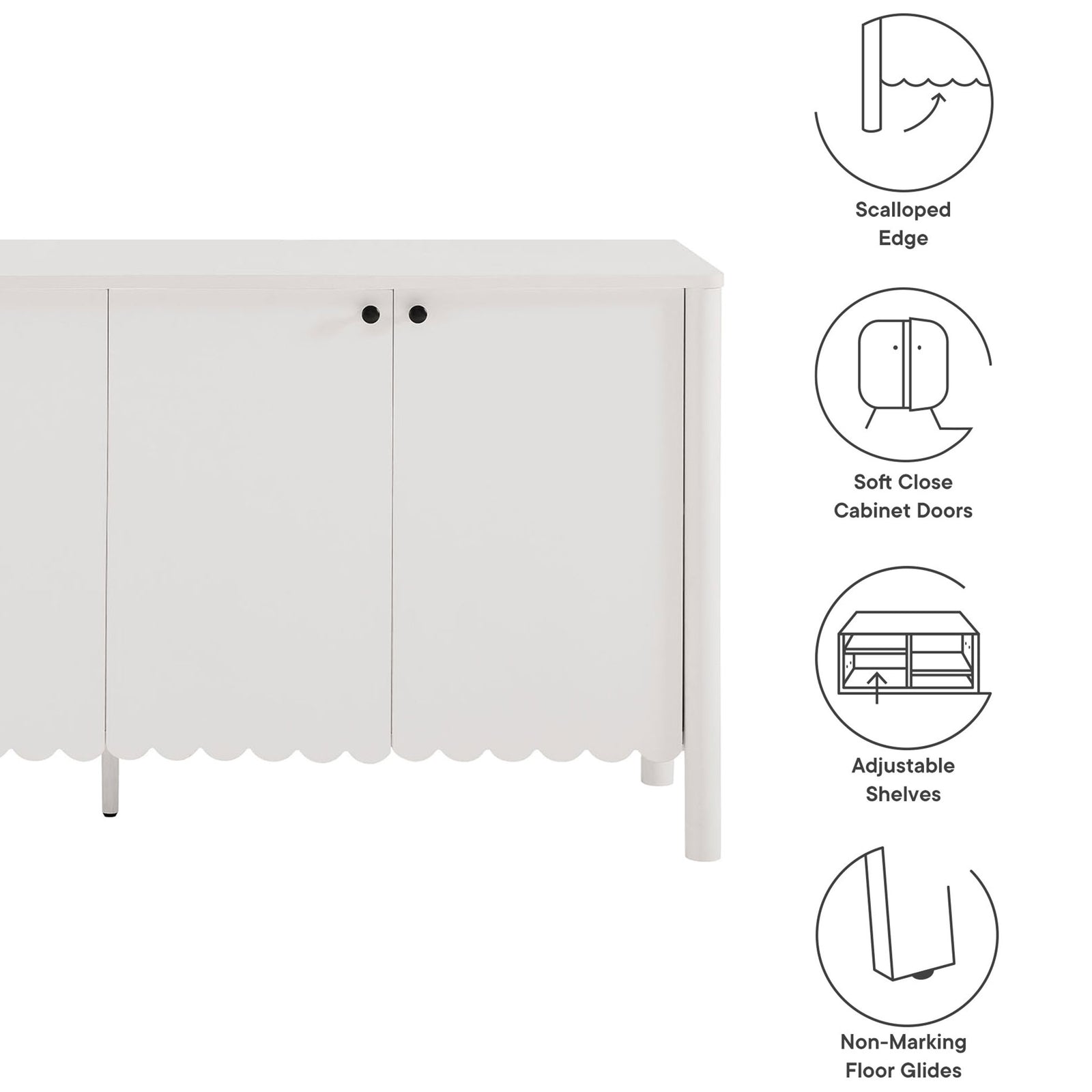 Graphic highlighting scalloped edge, soft-close doors, adjustable shelves, and non-marking glides on the sideboard || EEI-7153-WHI || callout_studio