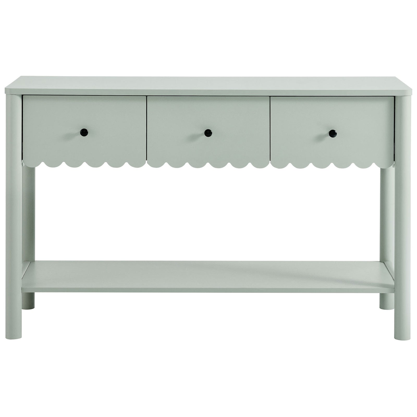 Playful scalloped edge and black knobs accent three drawers and a sturdy open shelf. || EEI-7154-SGE || front_studio