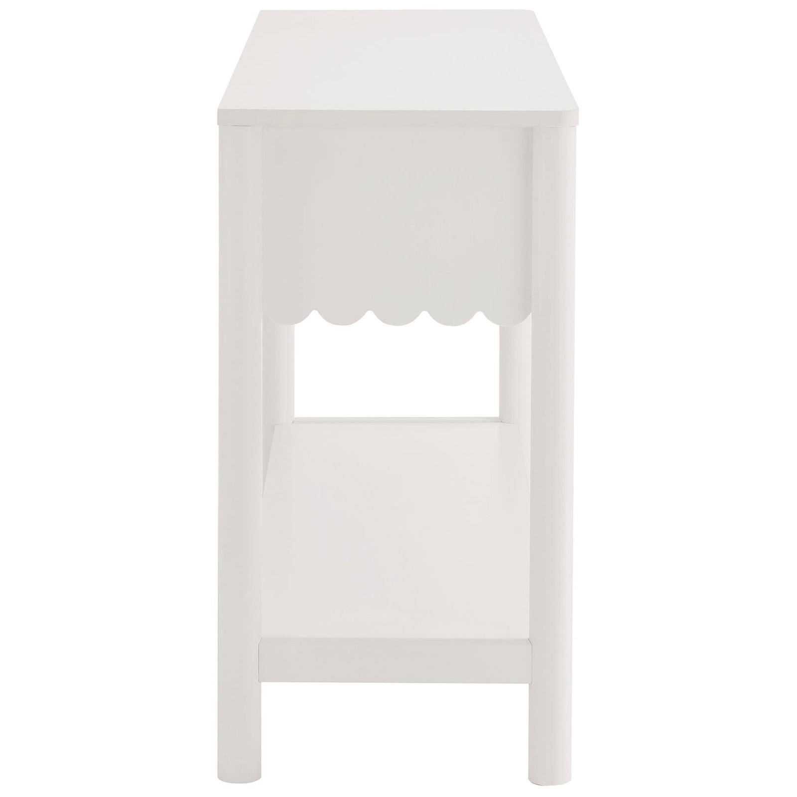 Slim, space-saving silhouette with smooth sides and sturdy legs fits hallways and entryways. || EEI-7154-WHI || side_studio