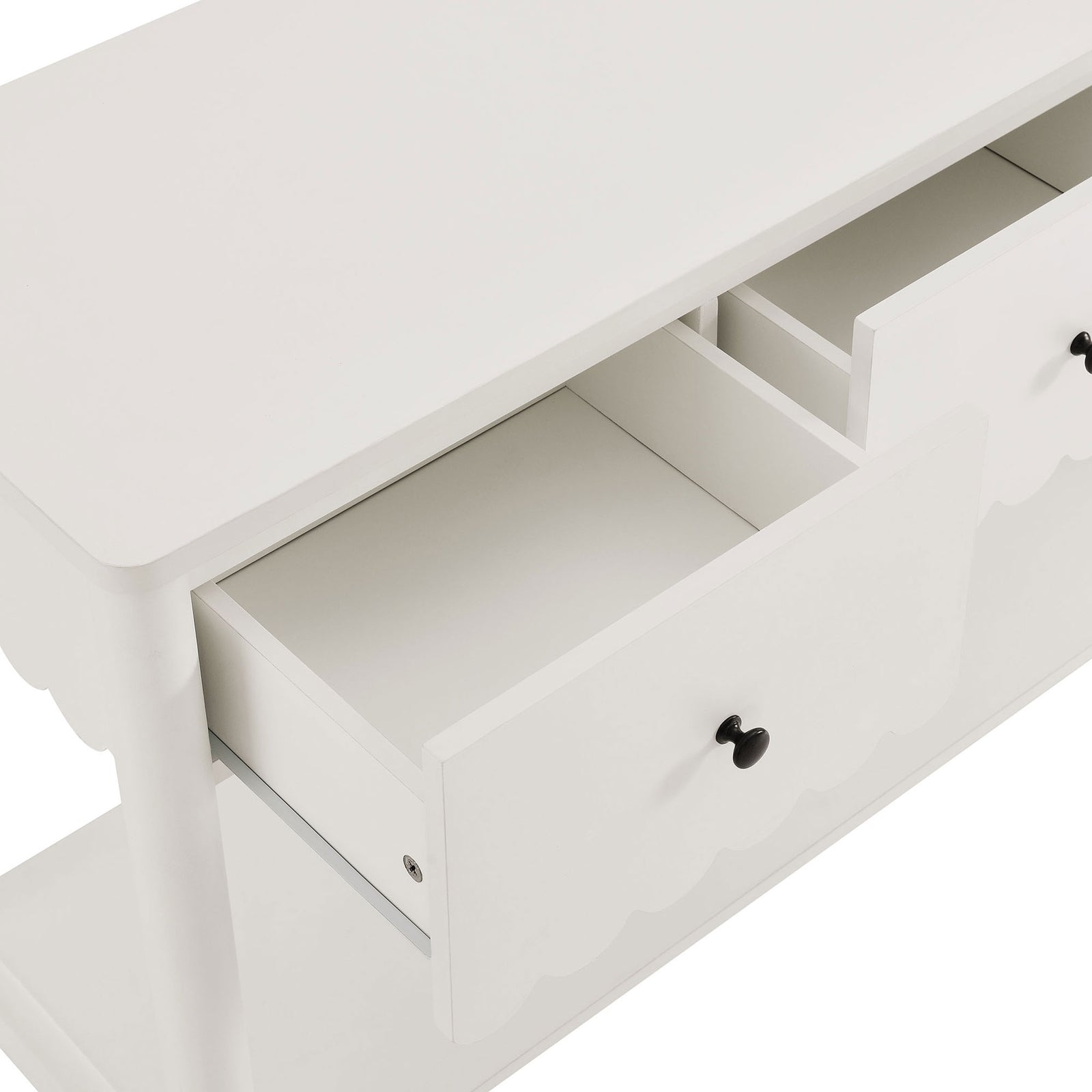 Full-extension drawers reveal ample storage for keys, mail, and everyday essentials. || EEI-7154-WHI || storage_open_studio