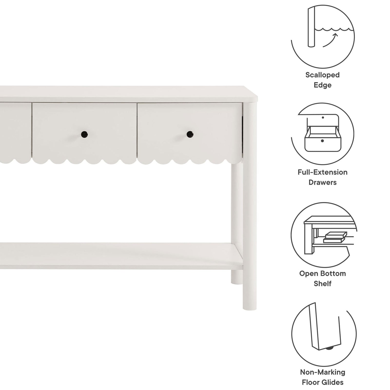 Key features include scalloped edge, full-extension drawers, open shelf, and non-marking floor glides. || EEI-7154-WHI || callout_studio