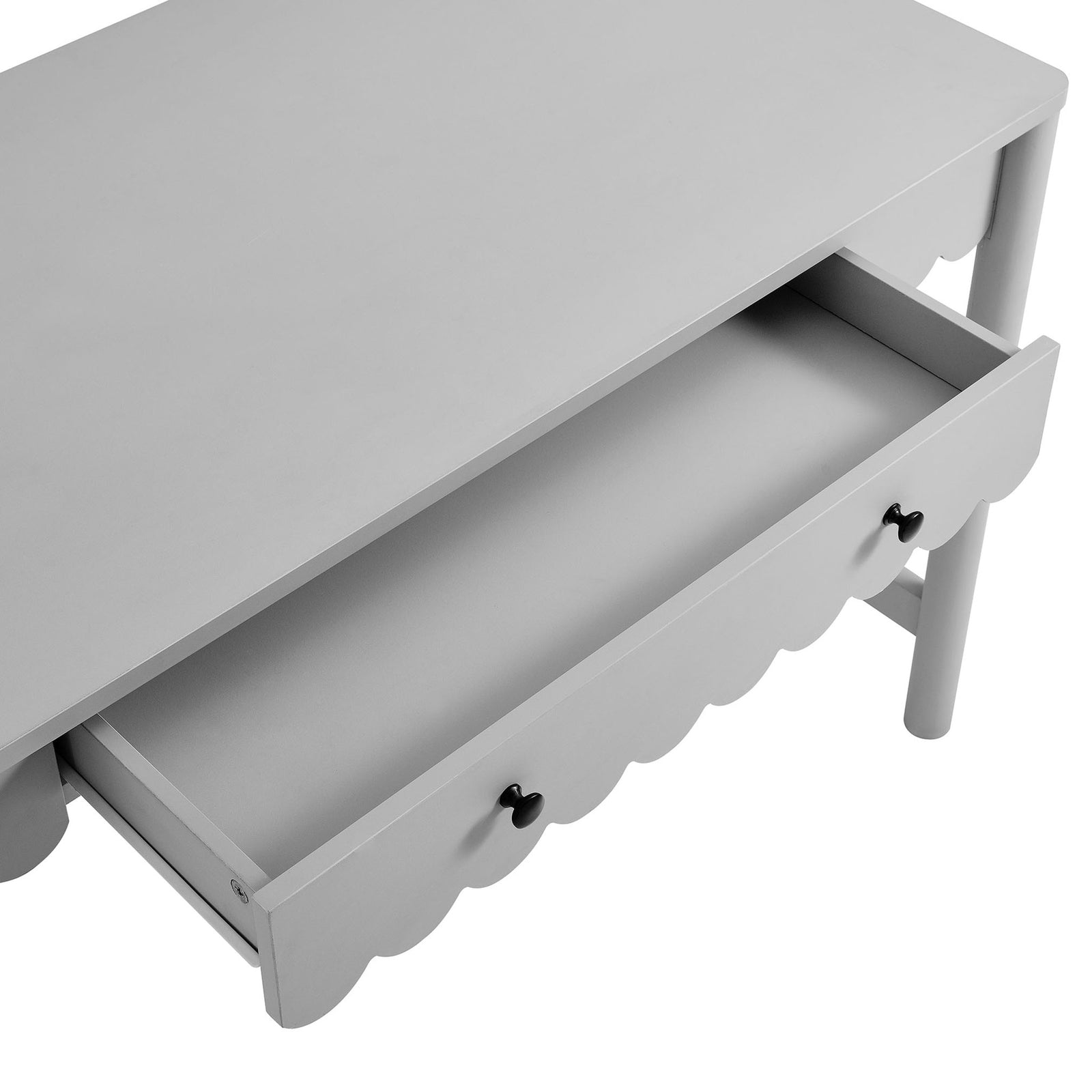 Full-extension drawer glides smoothly, offering easy-access storage for notebooks and essentials || EEI-7155-LGR || storage_open_studio