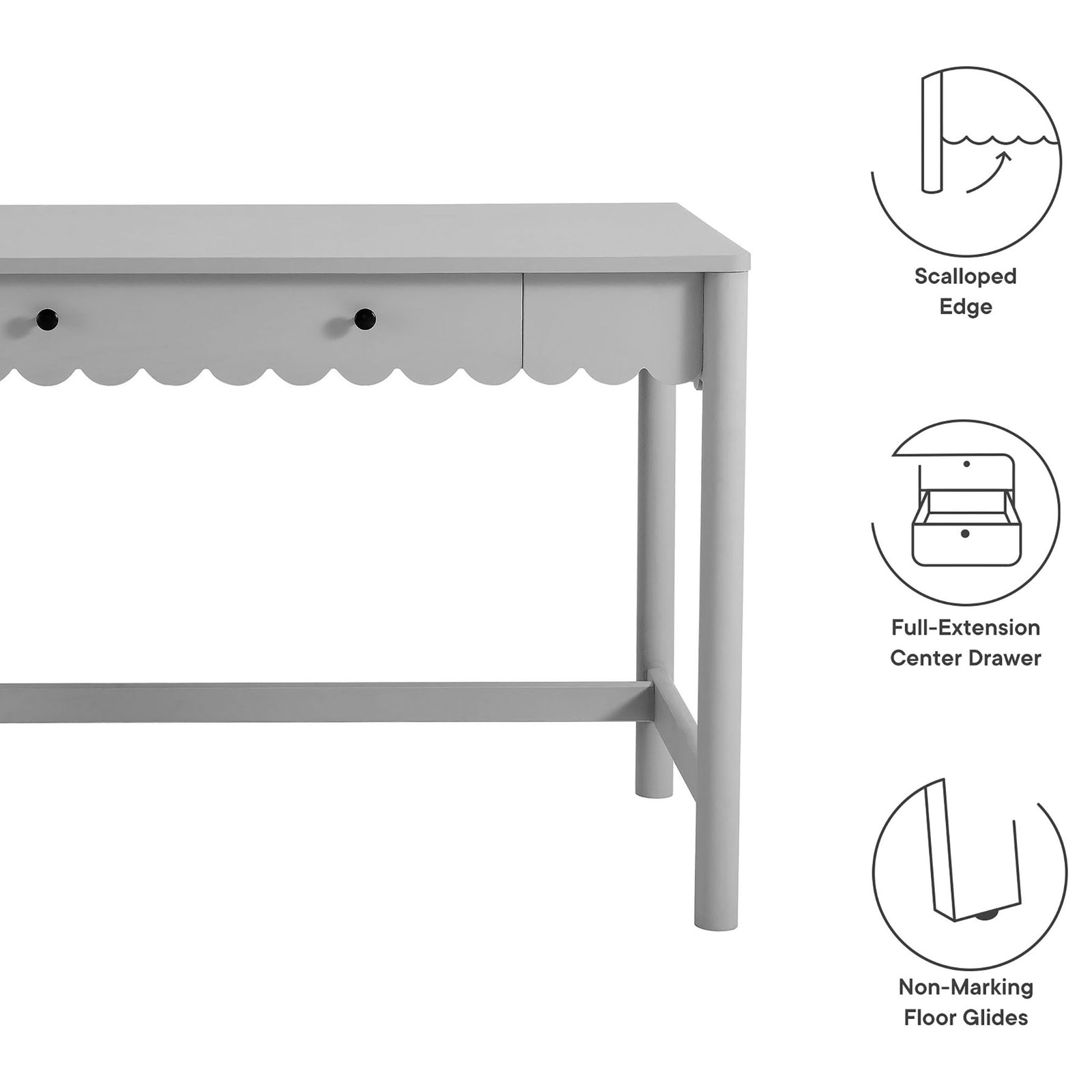 Key features include a scalloped edge, full-extension center drawer, and non-marking floor glides || EEI-7155-LGR || callout_studio