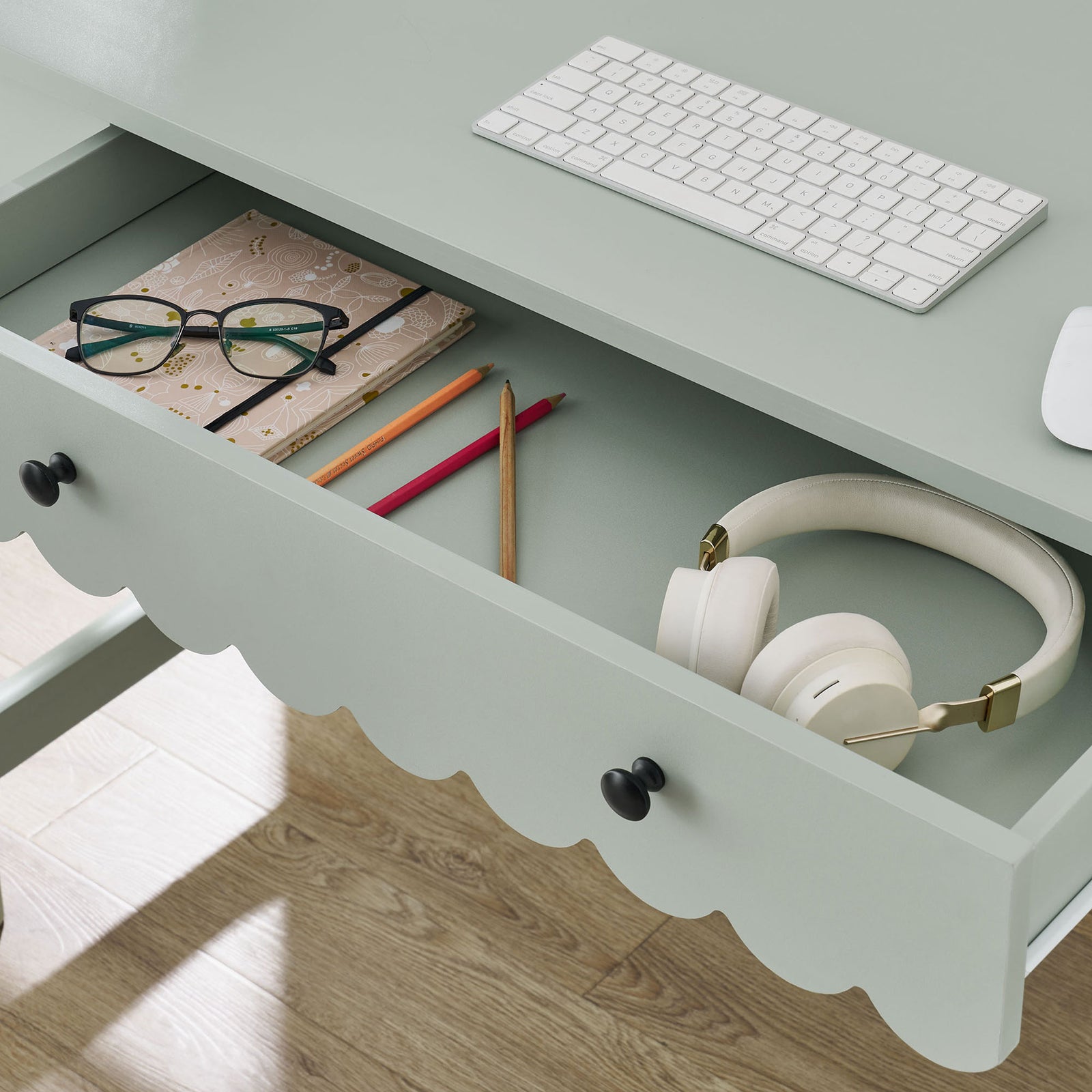 Open drawer reveals smooth-glide storage ideal for pens, glasses, and tech accessories. || EEI-7155-SGE || storage_open_room