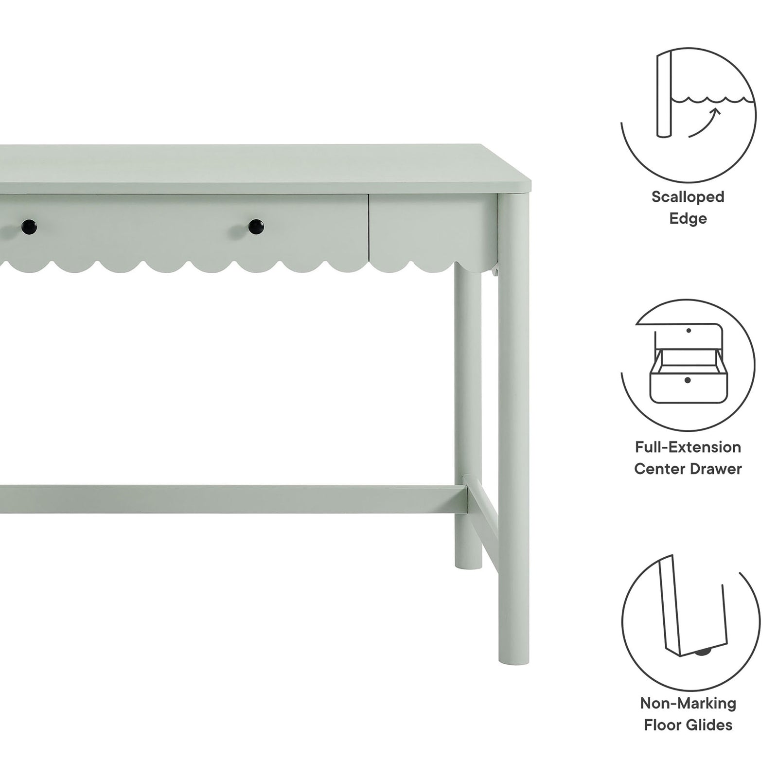 Key features include scalloped edge, full-extension center drawer, and non-marking floor glides. || EEI-7155-SGE || callout_studio