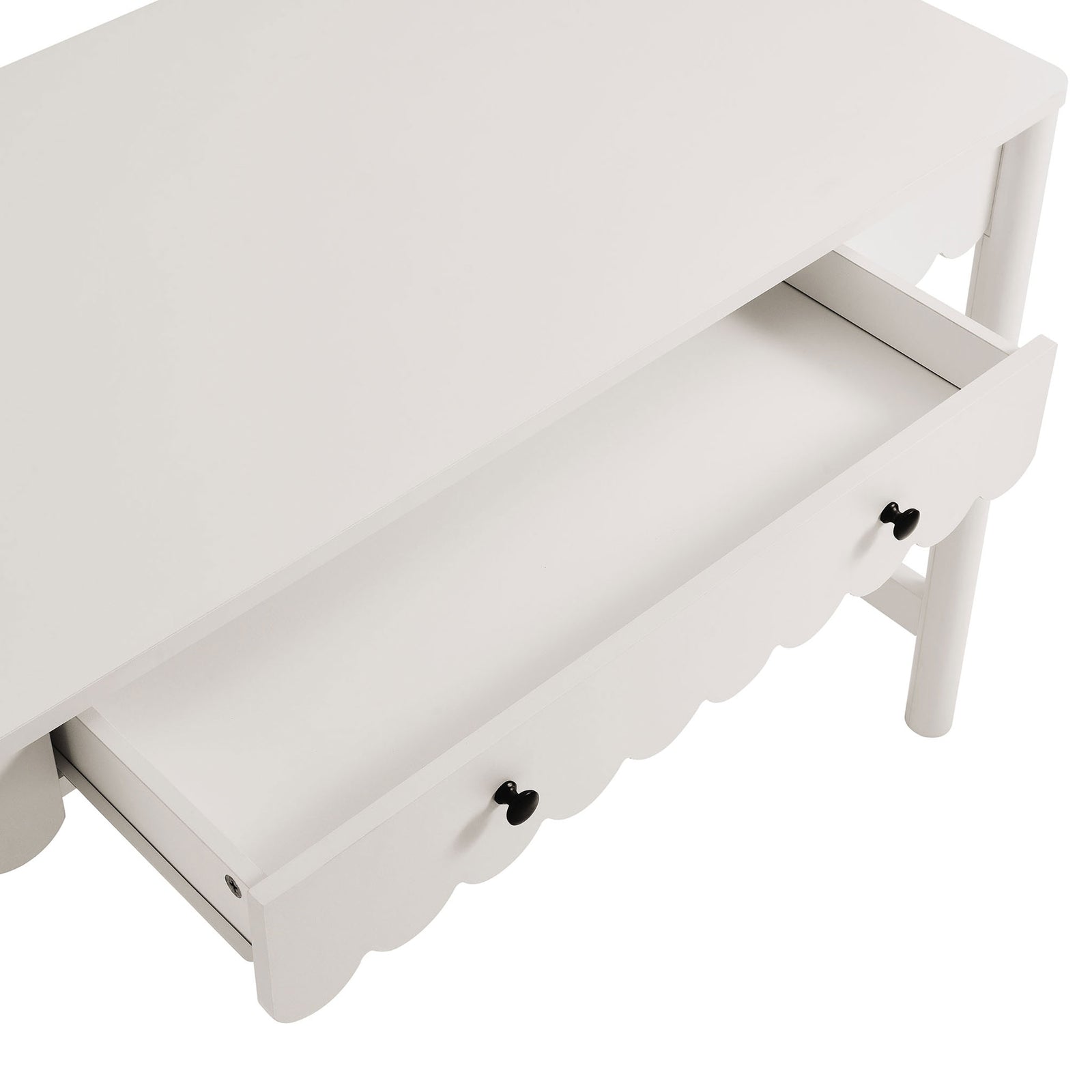 Full-extension center drawer glides smoothly to keep notebooks and supplies neatly organized || EEI-7155-WHI || storage_open_studio