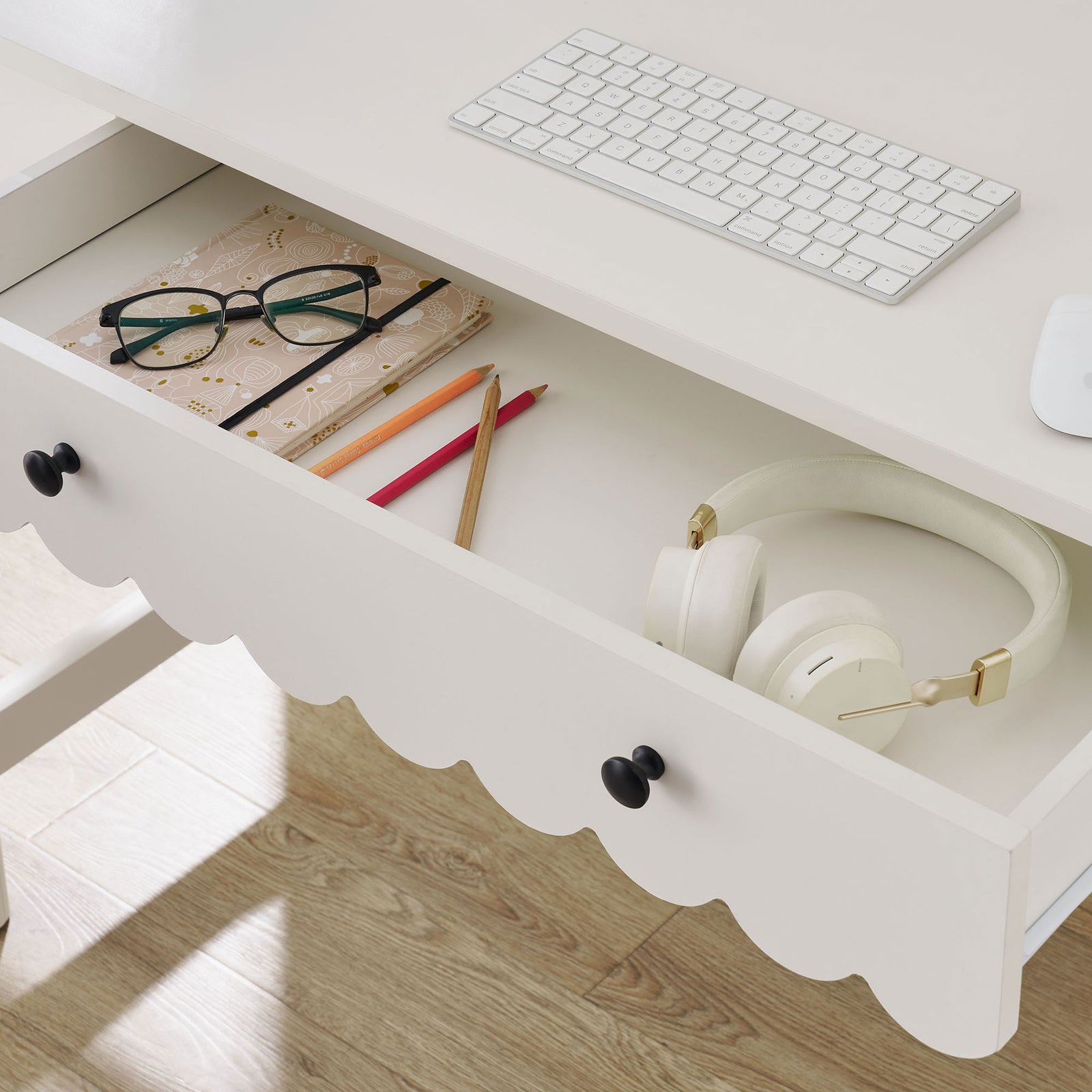 Roomy drawer stores tech and stationery essentials while keeping the desktop clear and clutter-free || EEI-7155-WHI || storage_open_room