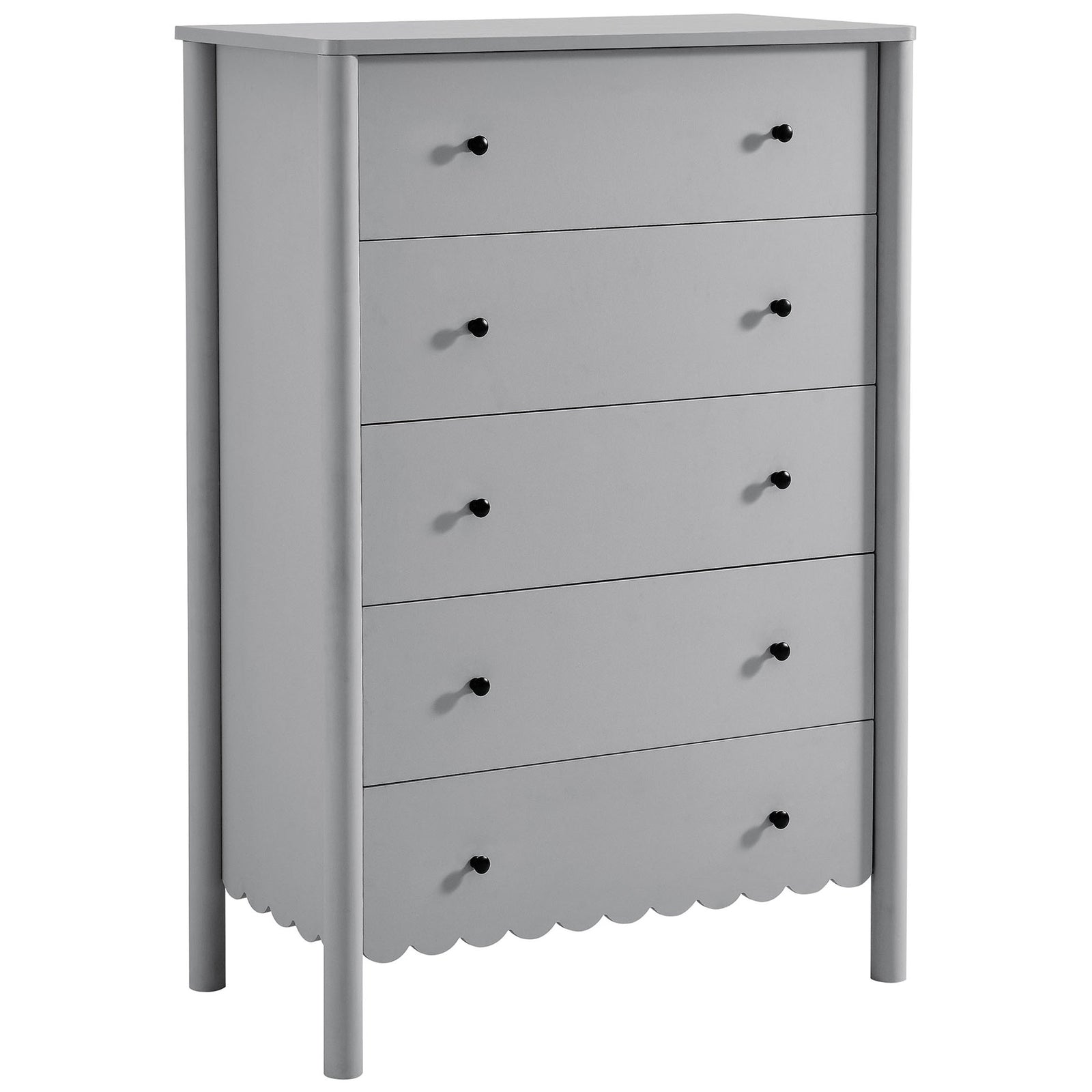 Light gray scalloped chest with smooth laminate finish and slim round legs || EEI-7156-LGR || front_angle_studio