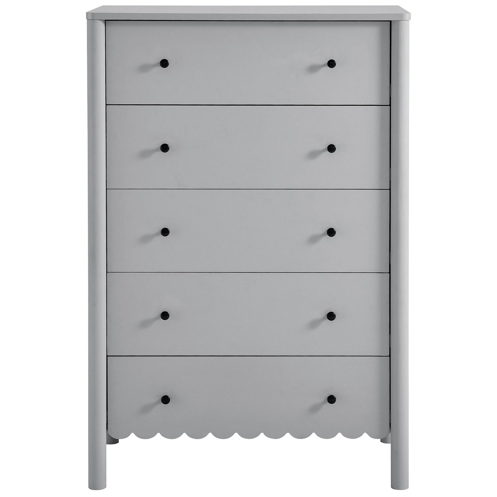 Light gray scalloped five-drawer chest with round posts and black knobs || EEI-7156-LGR || front_studio