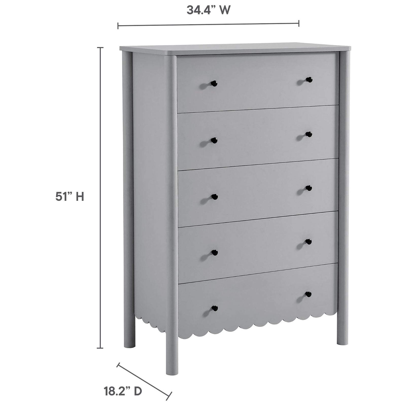 Size overview of tall light gray scalloped five-drawer bedroom chest || EEI-7156-LGR || dimension_studio