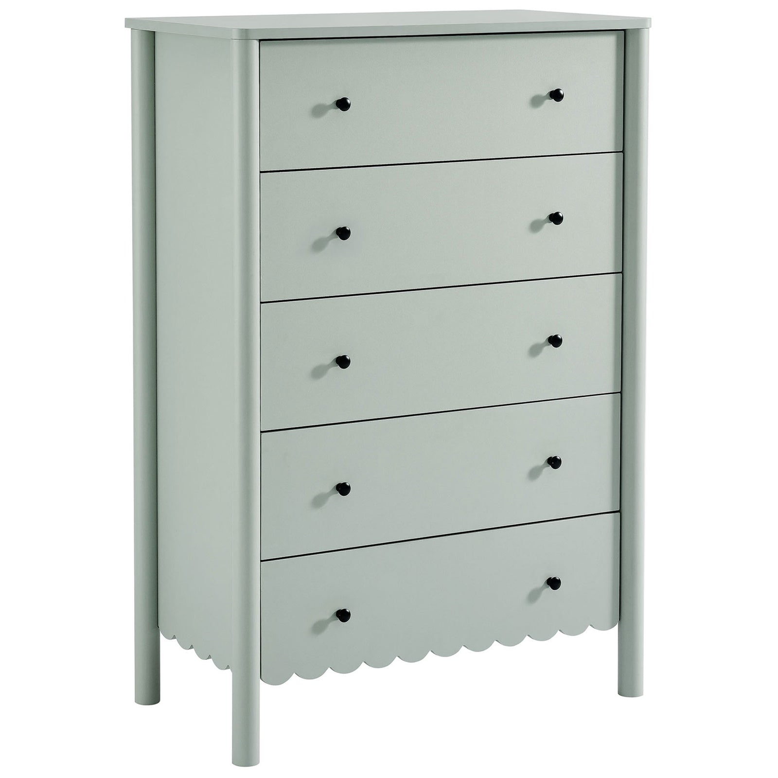 Sage green Emmeline 5-drawer chest with scalloped base, round black knobs, and slim round legs || EEI-7156-SGE || front_angle_studio