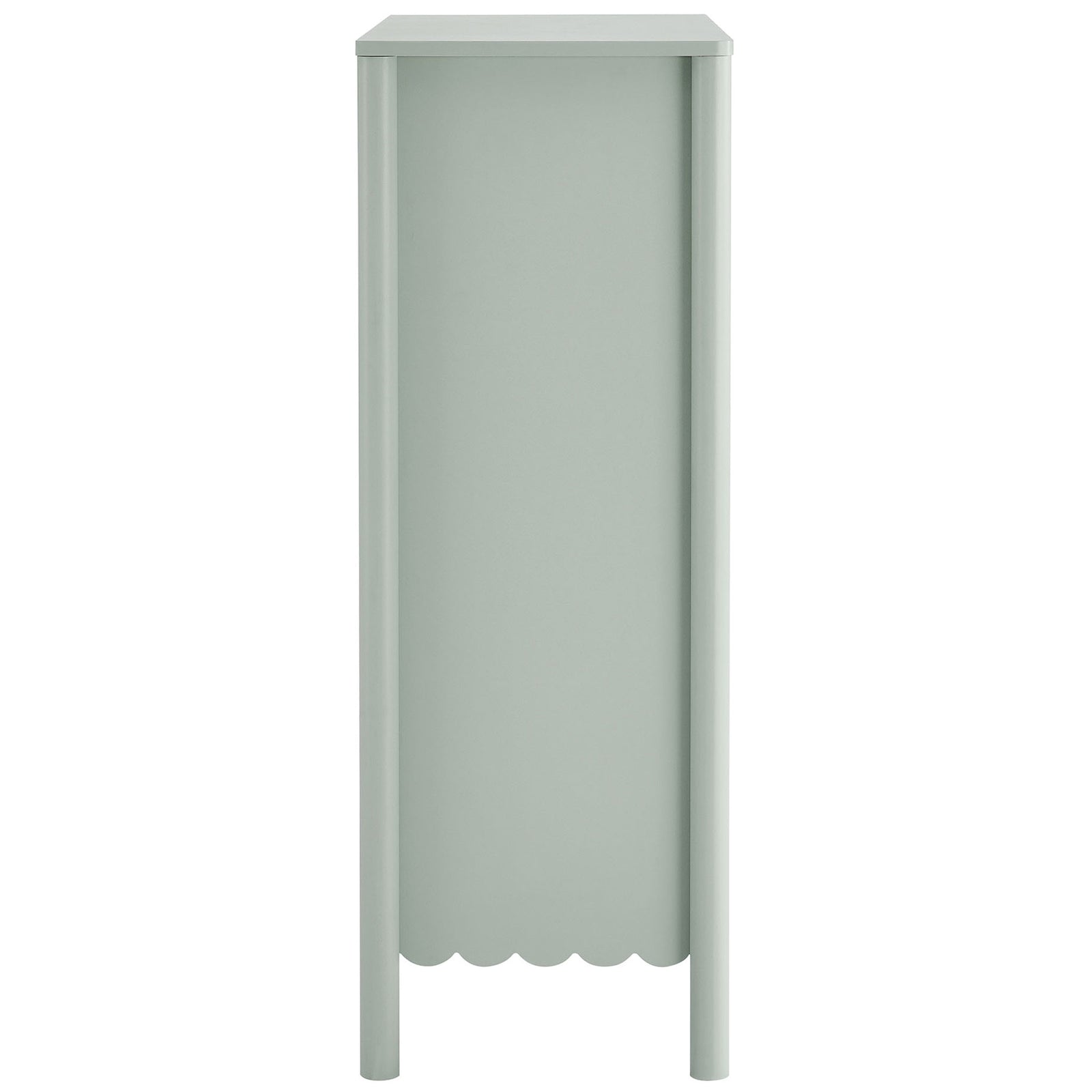 Sage green Emmeline chest highlighting the slim depth, rounded corner posts, and smooth side panel || EEI-7156-SGE || side_studio