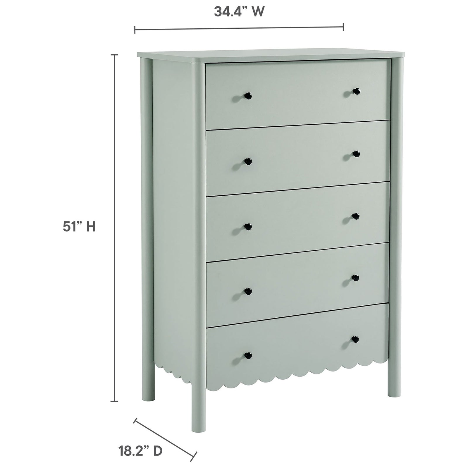 Emmeline 5-drawer chest with labeled dimensions showing height, width, and depth measurements || EEI-7156-SGE || dimension_studio