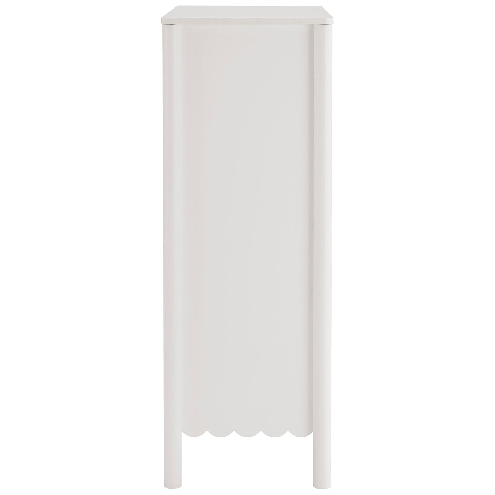 Slim side view of the Emmeline scalloped chest highlights its smooth panel finish and gently rounded legs. || EEI-7156-WHI || side_studio