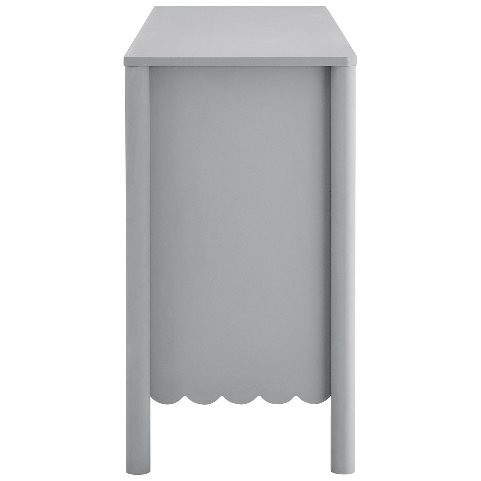 Light gray dresser with smooth paneling, scalloped apron detail, and slender cylindrical legs. || EEI-7157-LGR || side_studio