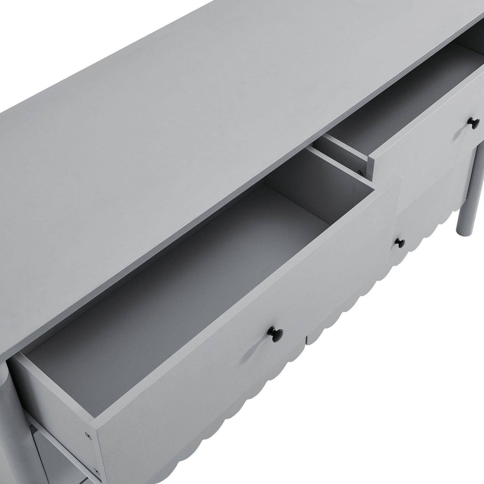 Dresser with generous surface space and deep full-extension drawers opened for easy organization. || EEI-7157-LGR || storage_open_studio