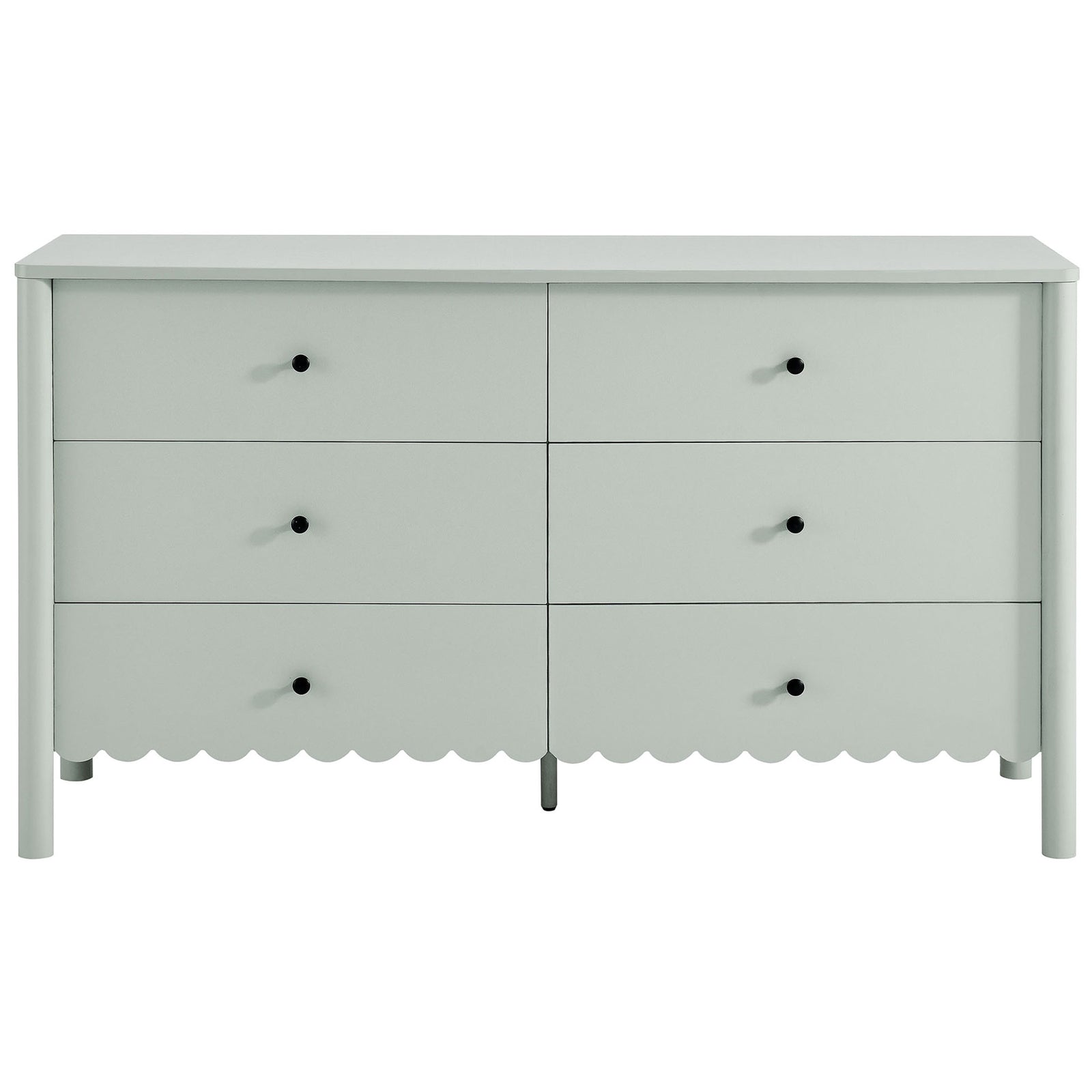 Scalloped sage green six-drawer dresser with rounded corners and slim black knobs. || EEI-7157-SGE || front_studio