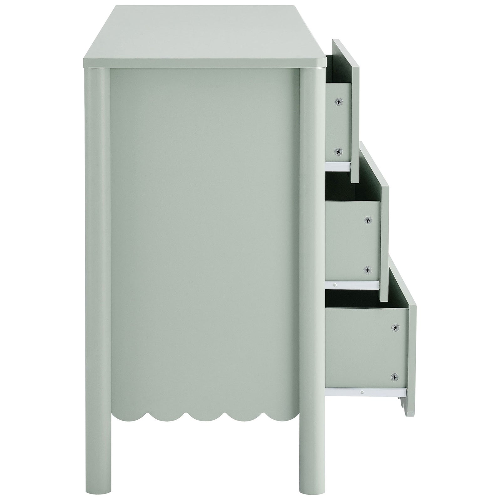 Dresser with full-extension drawers open on one side, revealing spacious sage green storage interiors. || EEI-7157-SGE || side_open_studio