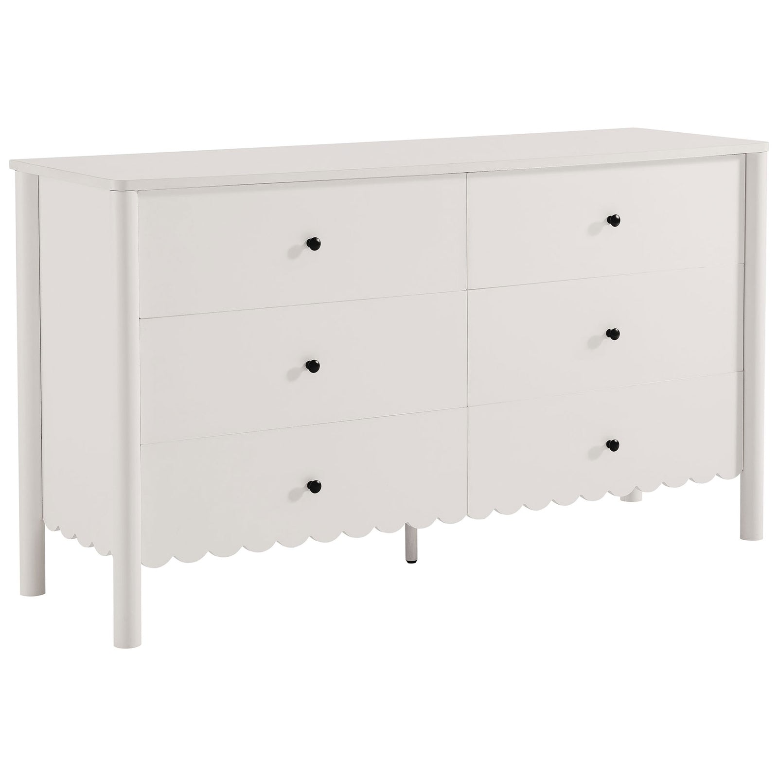 White six-drawer dresser with scalloped apron and black knobs adds playful elegance to modern bedrooms || EEI-7157-WHI || front_angle_studio