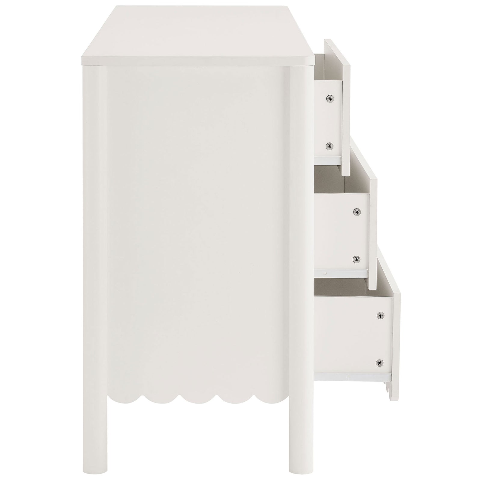 Three open drawers reveal generous storage capacity and smooth-gliding hardware inside this white dresser || EEI-7157-WHI || side_open_studio