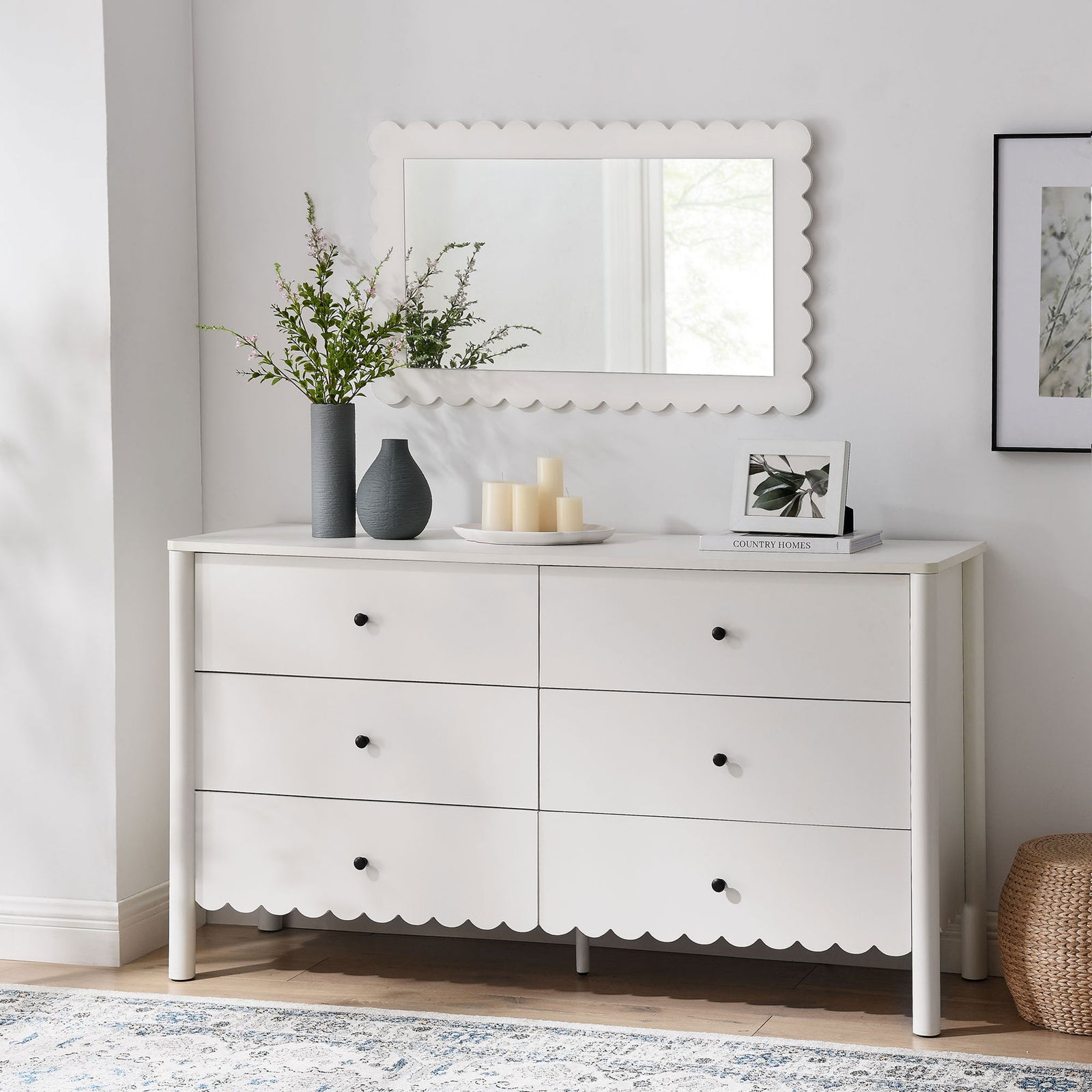 Dresser styled with matching scalloped mirror, vases, and candles creates a serene, coordinated vignette || EEI-7157-WHI || front_angle_room