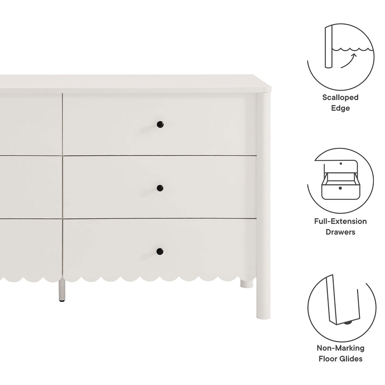 Graphic overlay highlights the scalloped edge, full-extension drawers, and non-marking glides of the dresser || EEI-7157-WHI || callout_studio