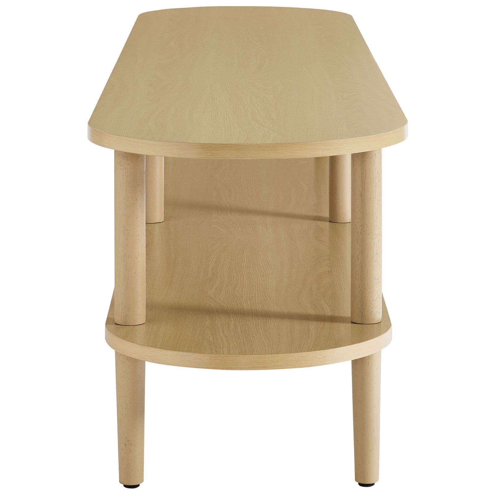 Slim oval profile of the light oak Torus TV stand showing narrow depth and sturdy legs || EEI-7158-OAK || side_studio