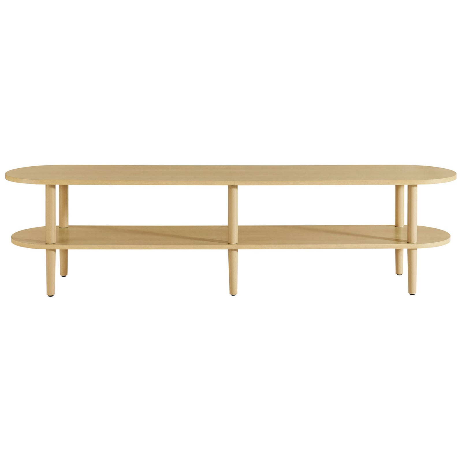 Light oak oval TV stand with two open shelves and six tapered legs for a clean modern look || EEI-7158-OAK || front_studio