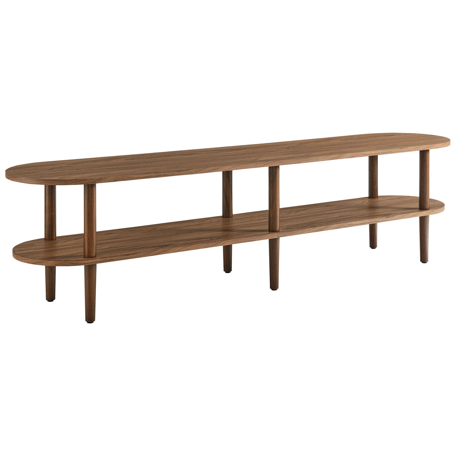 Warm walnut oval TV stand with two tiers of open shelving and rounded wooden legs || EEI-7158-WAL || front_angle_studio