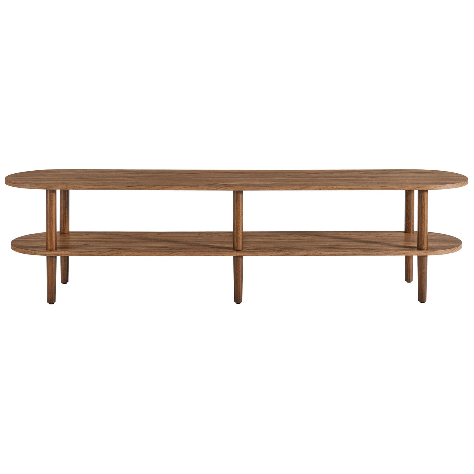 Walnut oval TV stand with two open shelves and six tapered legs for a rich modern look || EEI-7158-WAL || front_studio
