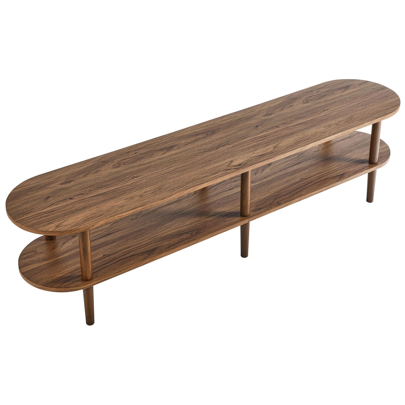 Walnut TV stand with a long oval top and matching lower shelf for spacious media display || EEI-7158-WAL || top_angle_studio
