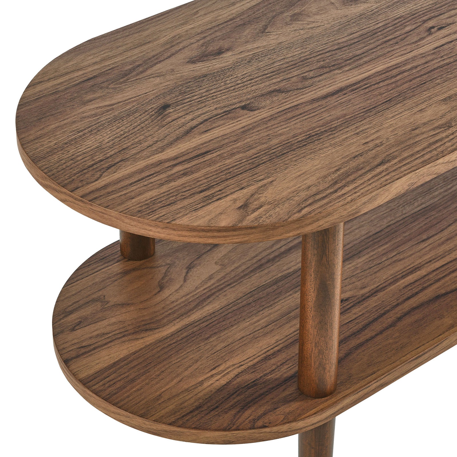 Detail of the walnut wood grain and smooth rounded edges on the Torus TV stand shelves || EEI-7158-WAL || detail_studio